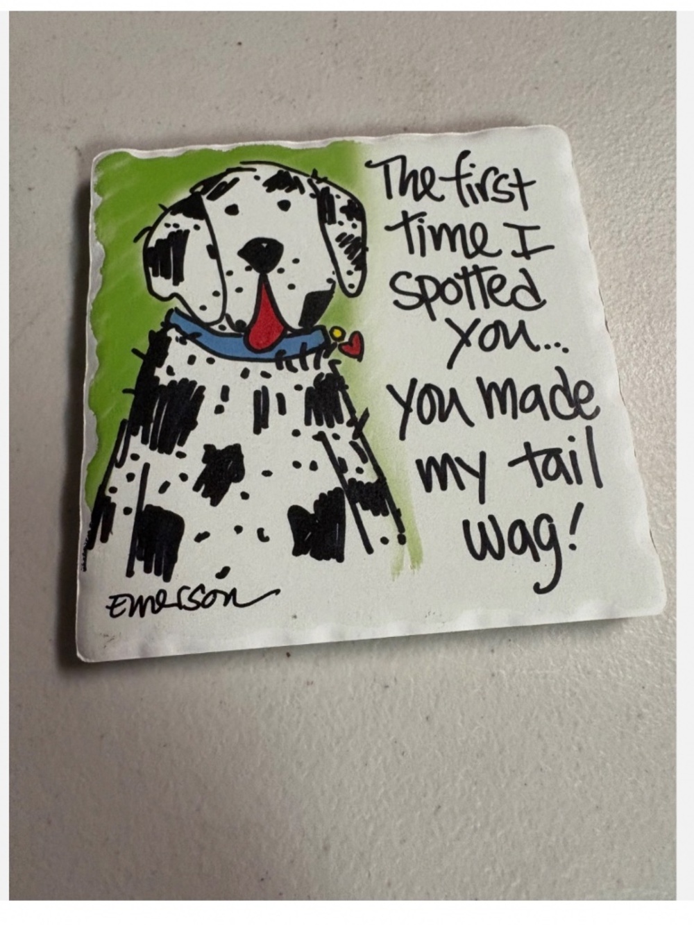 Dog Themed Tumbled Stone coaster “First Time I spotted you, you made my tail wag